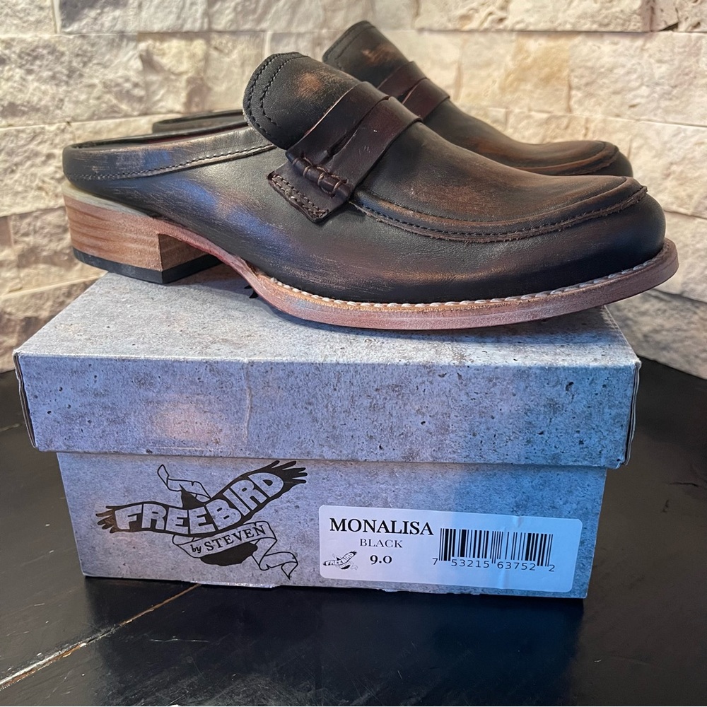 Freebird by Steven Monalisa Mules/Loafers Black Leather Distressed